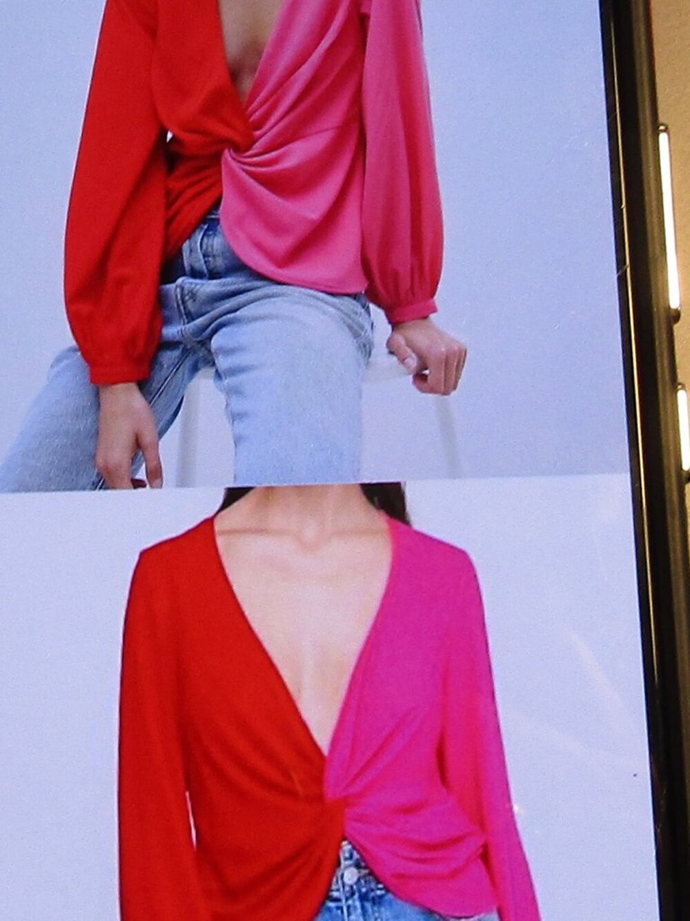 NWT ASOS Size 2 Petite Colorblock Twist Long Sleeve Shirt RED & HOT PINK